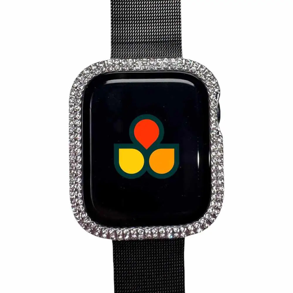 Square watch case cover with rhinestone bezel, black strap, and multicolor icon display