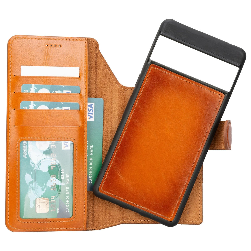Tan leather detachable phone wallet with card slots and clear ID window