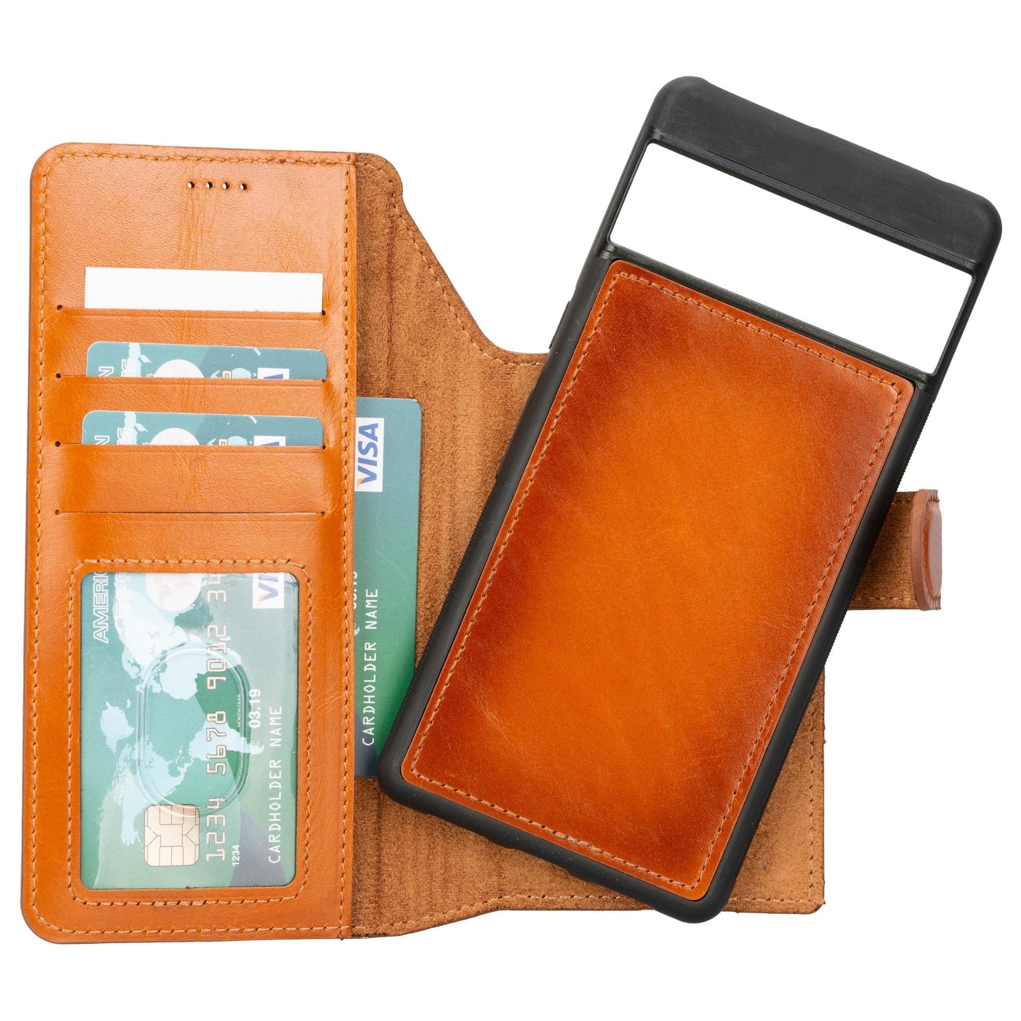 Tan leather detachable phone wallet with card slots and clear ID window