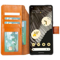Tan leather detachable phone wallet with card slots and phone front showing