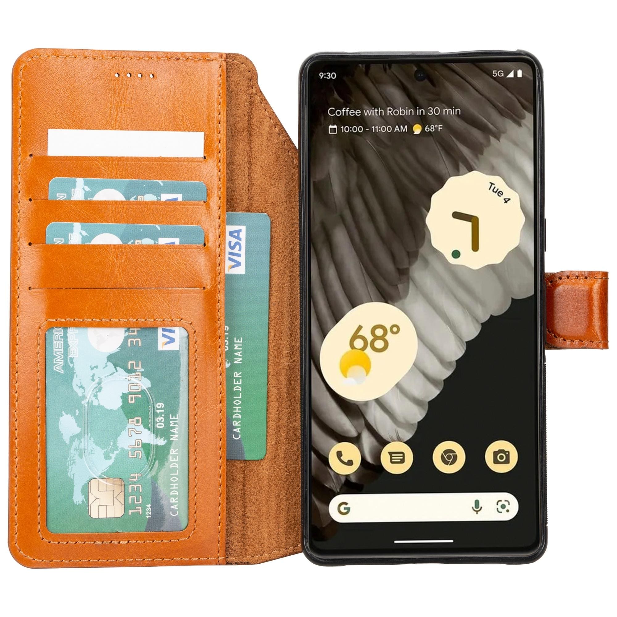 Tan leather detachable phone wallet with card slots and phone front showing