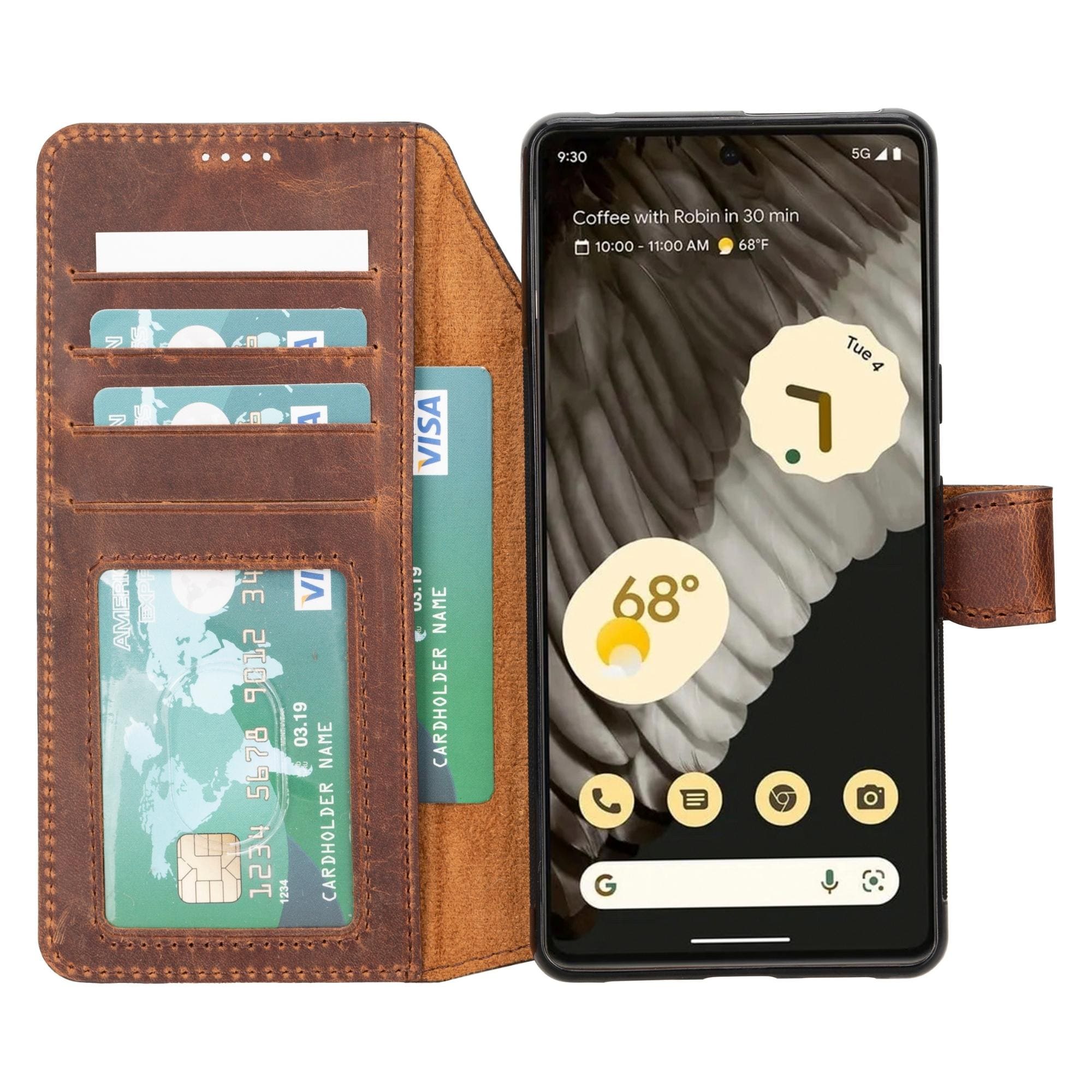 Tan leather detachable wallet with card slots and phone front showing