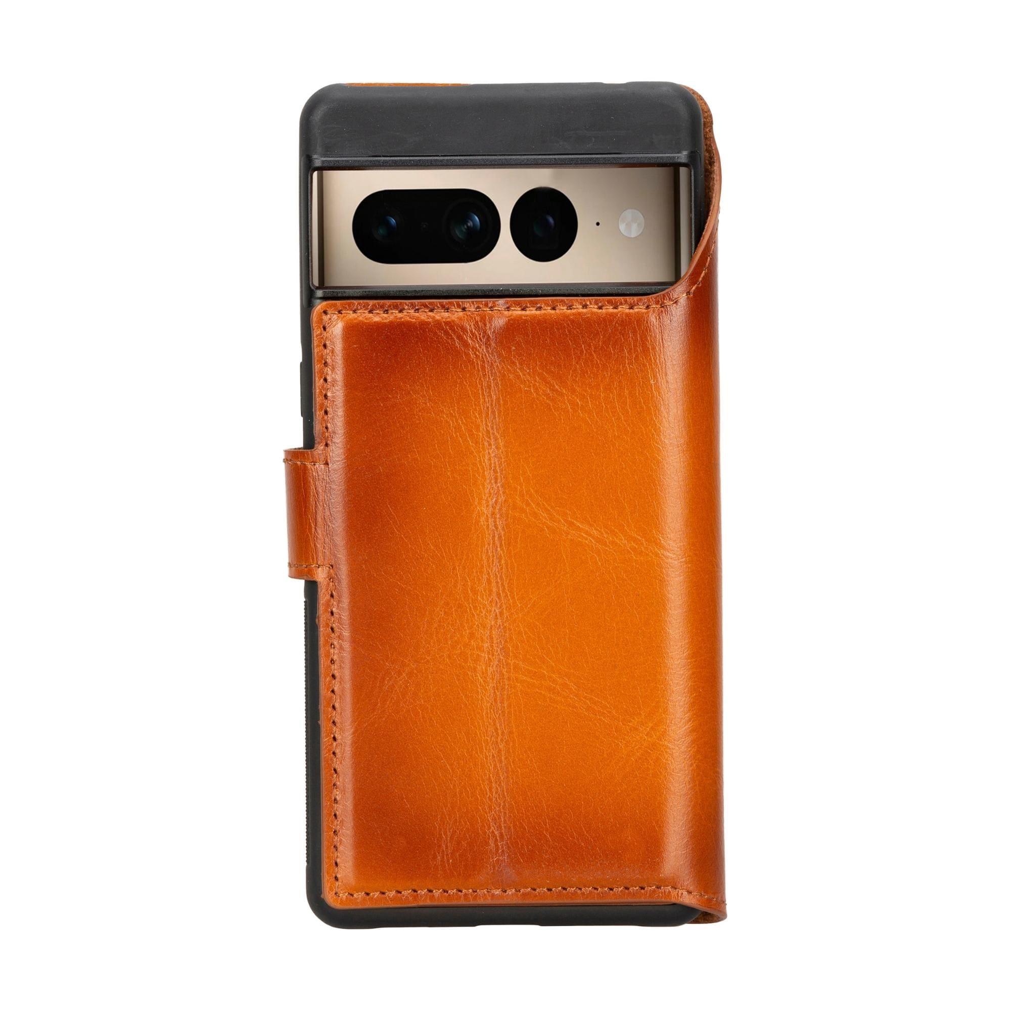 Tan leather phone wallet with cover window and side strap closure