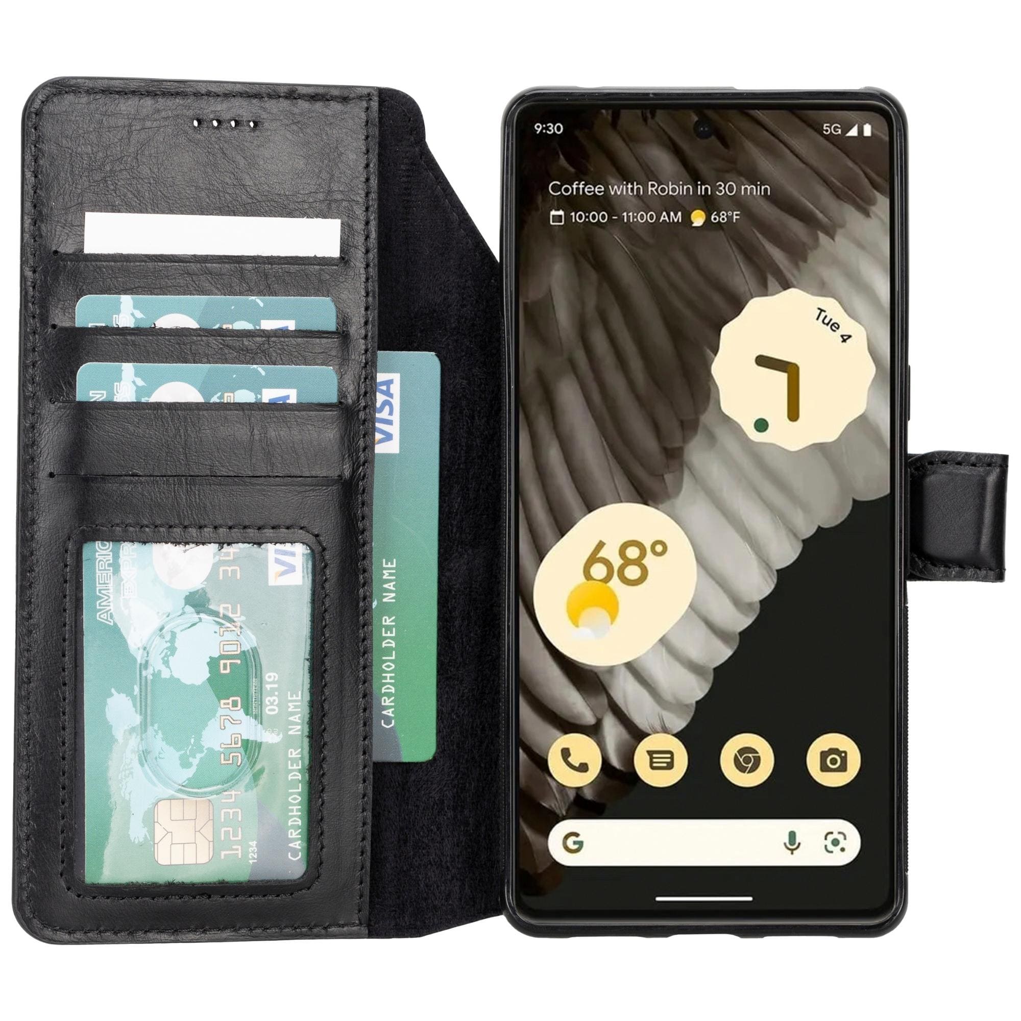 Black leather detachable wallet with card slots and phone front showing
