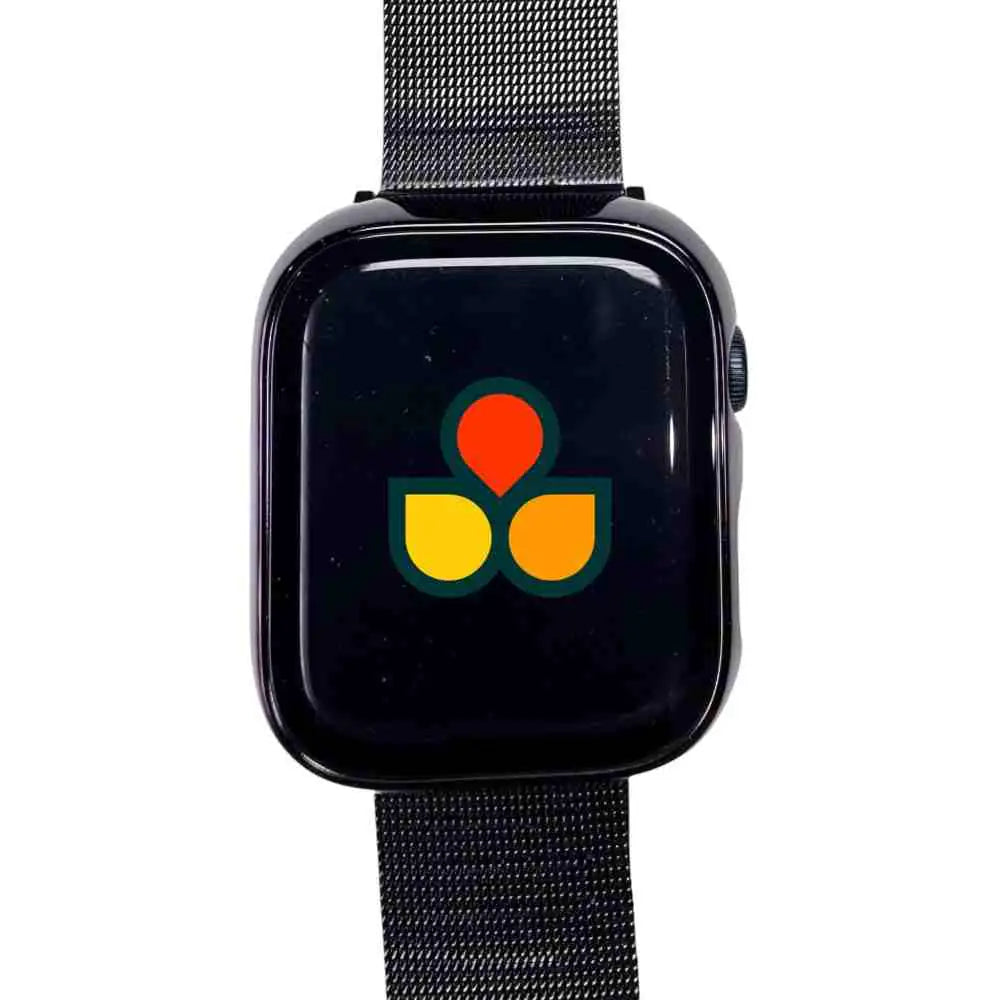 Black watch case cover with clear gloss screen and black mesh strap