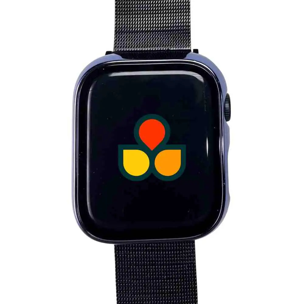 Blue watch case cover with clear gloss screen and black mesh strap