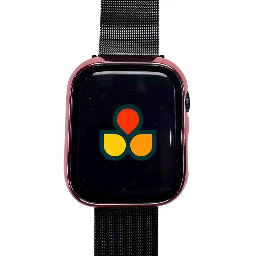 Pink watch case cover with clear gloss screen and black mesh strap