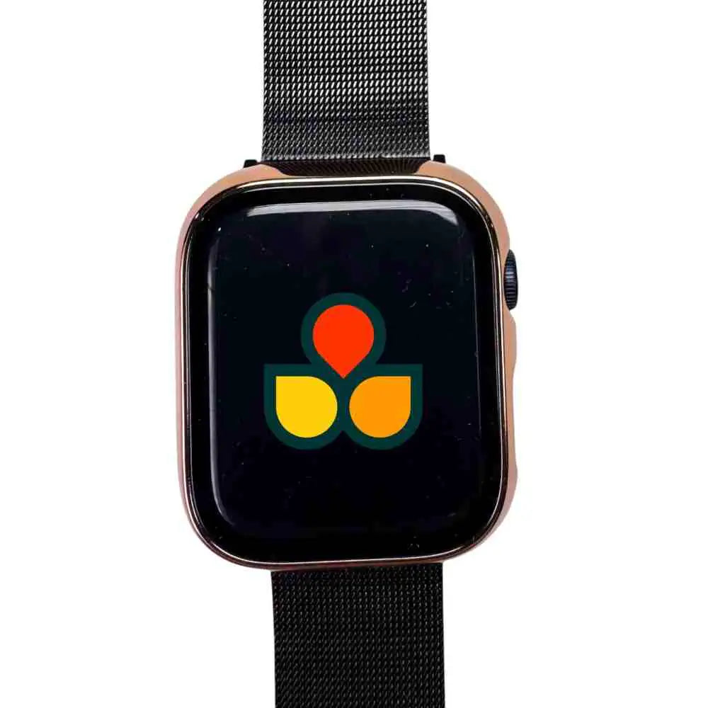 Rose gold watch case cover with clear gloss screen and black mesh strap