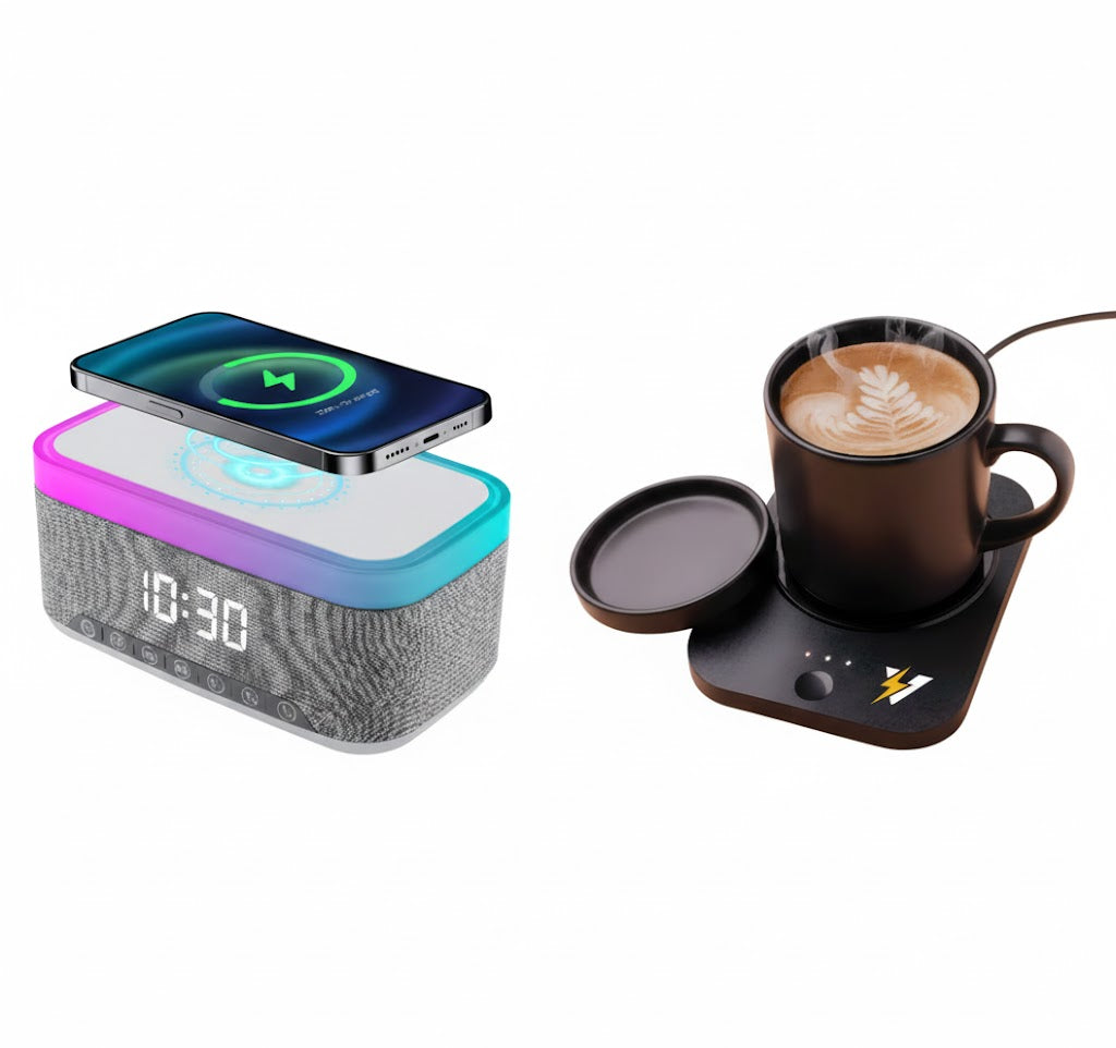 Wireless charging alarm clock speaker with mug warmer and cup set